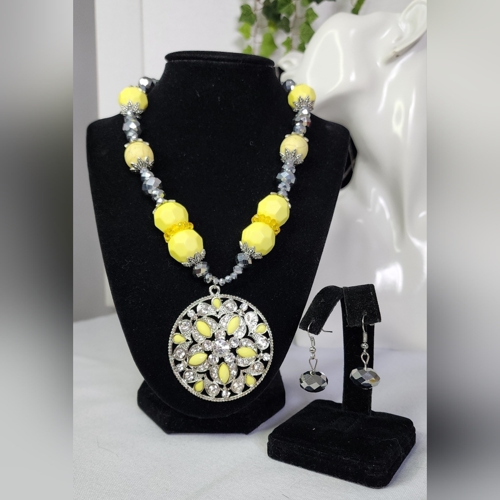 Statement Silver and Yellow Bead Necklace and Earrings Set